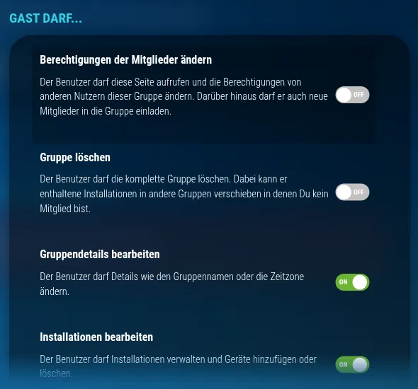 Berechtigungen eines Gruppenmitglieds mit Schaltern, etwa Gruppendetails bearbeiten oder Installationen bearbeiten