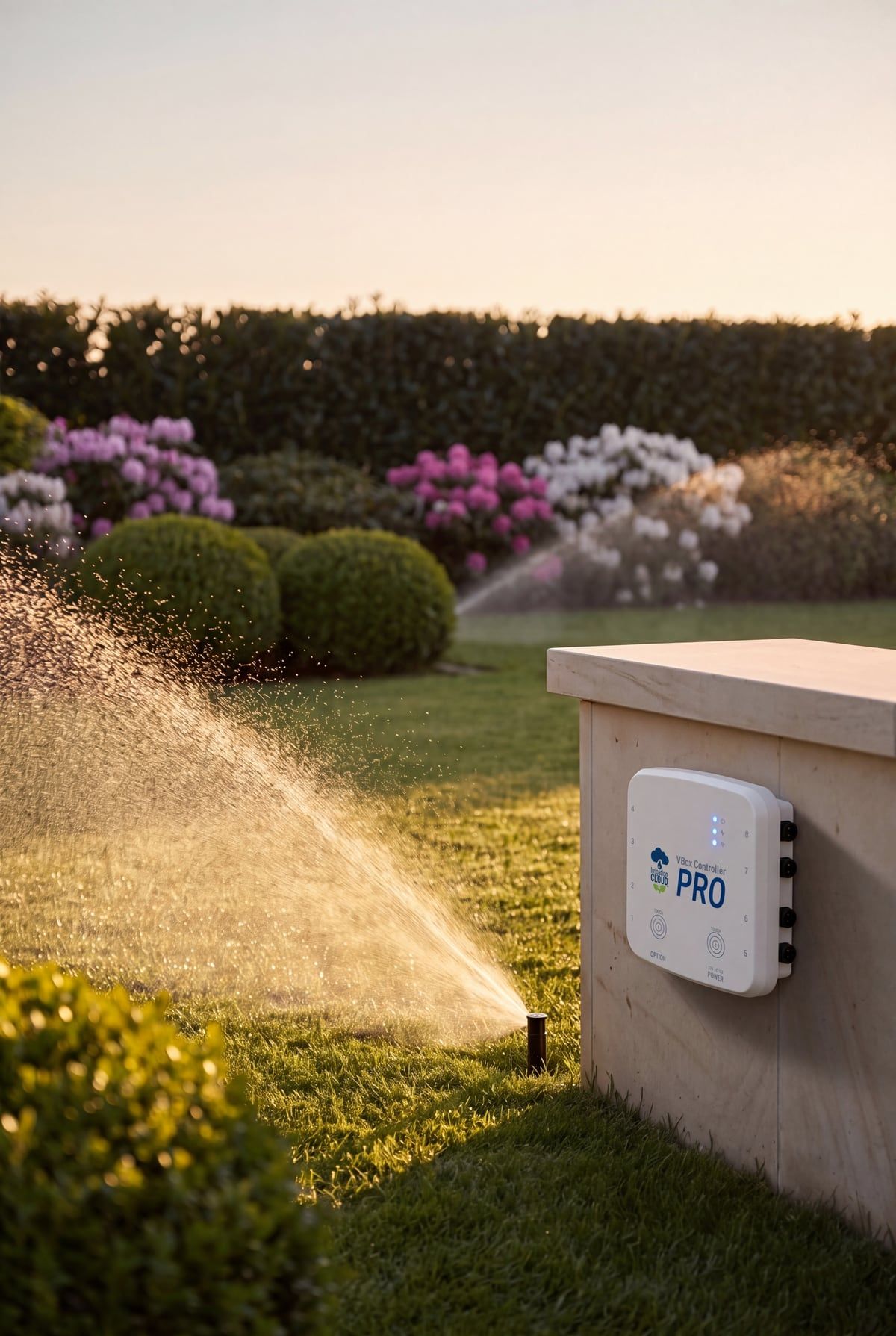 VBox PRO an einer Gartenmauer, im Hintergrund bewässert ein Regner den Rasen