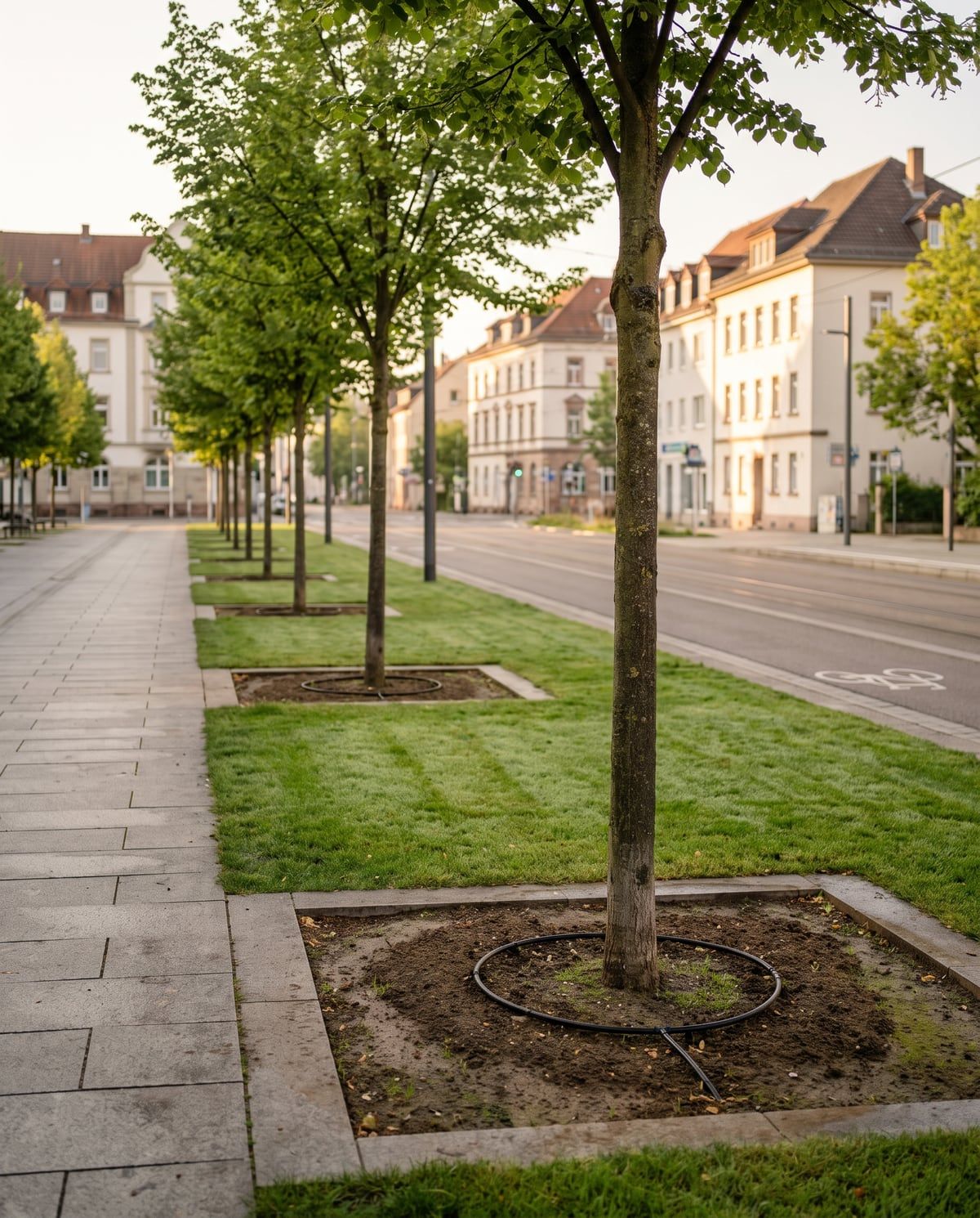 Allee mit jungen Stadtbäumen an einer Straße