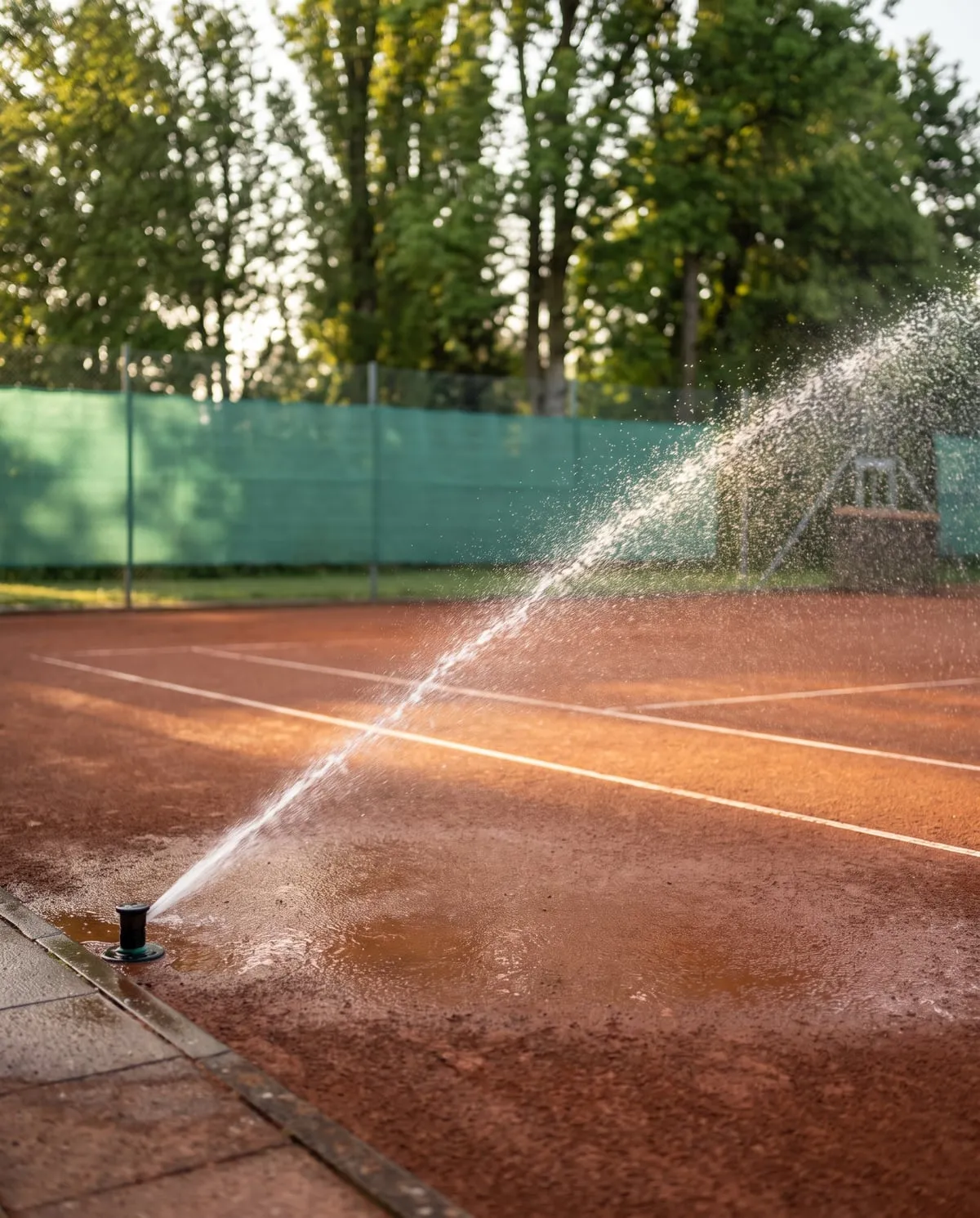 Tennis-Sandplatz, der bewässert wird