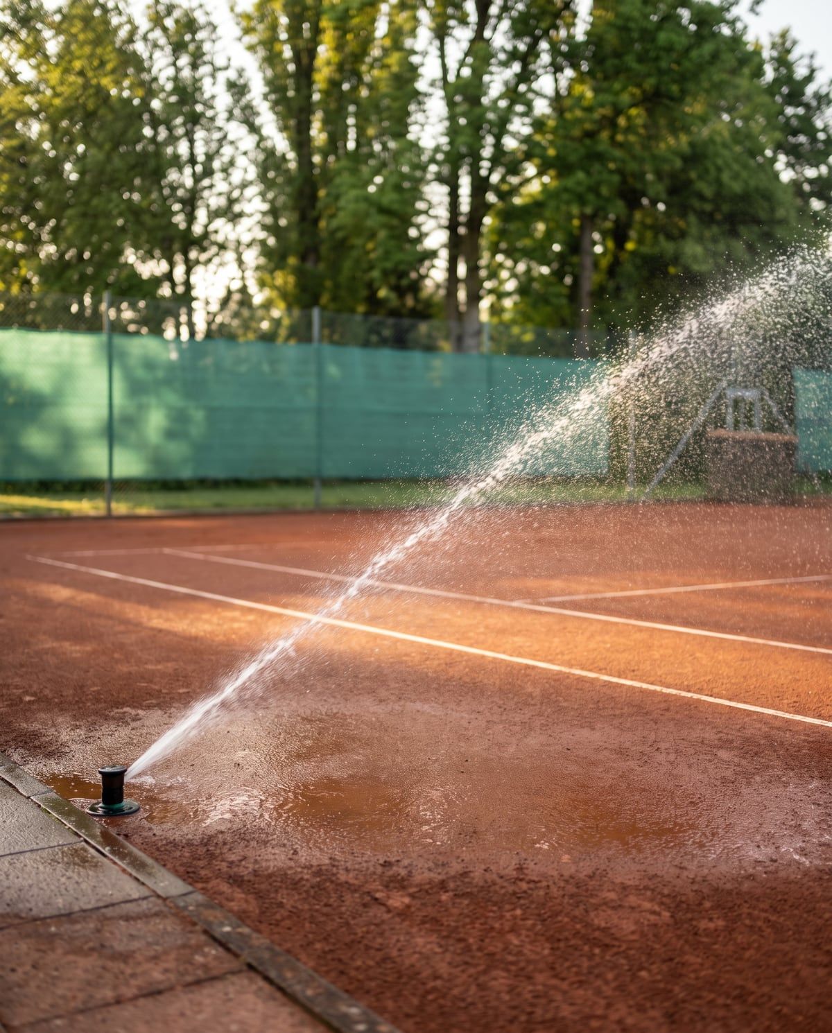 Tennis-Sandplatz wird von einem Regner bewässert